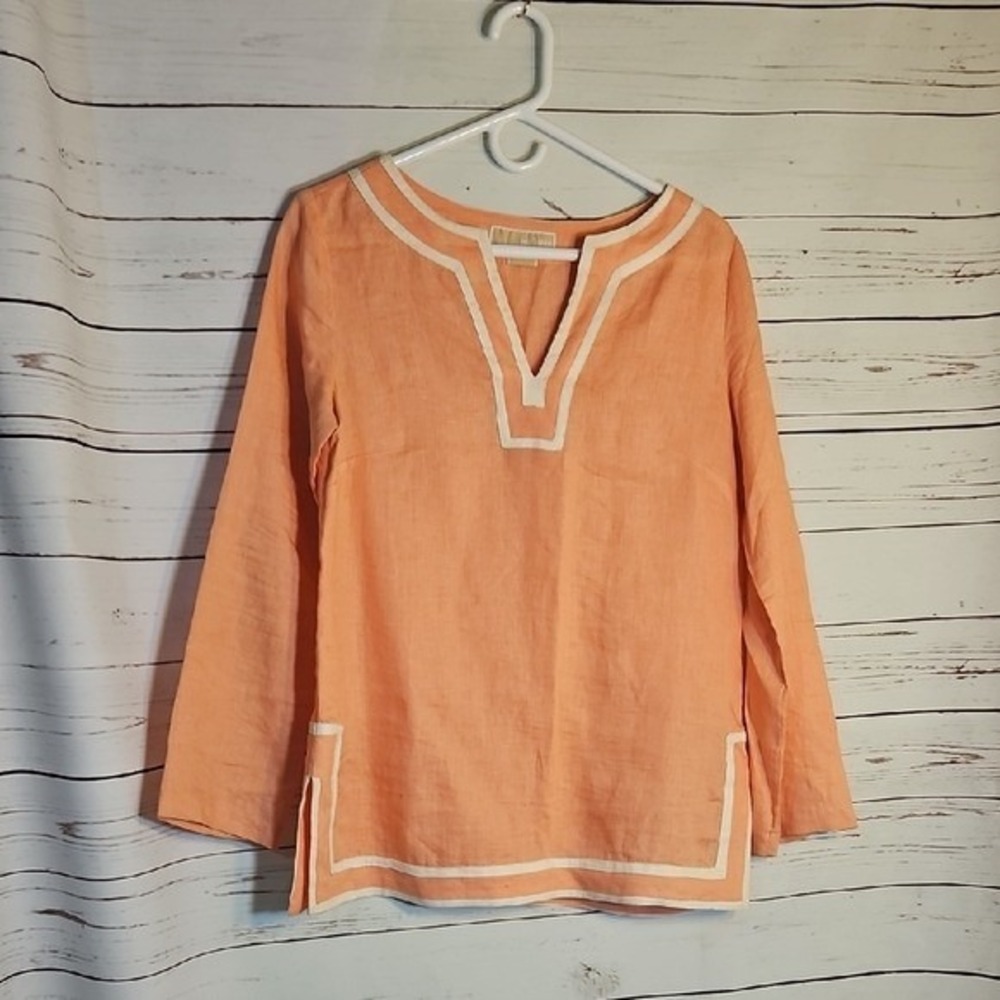 Michael Kors Womens Tunic‎ Top Long Sleeve Orange White Trim Elegant, SP